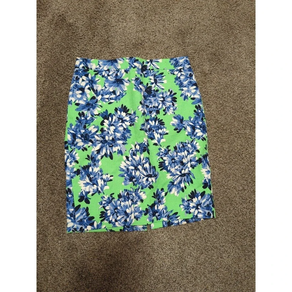 J. Crew Size 2 Green Pencil Skirt‎ with Blue Floral Print